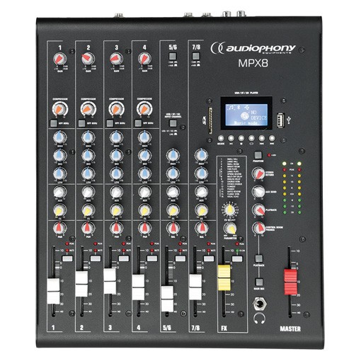 8 channel mixer with compressor, effects and USB/SD/BT Player - mpx8