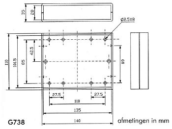 brandvertragende behuizing - lichtgrijs met zwarte eindpanelen 140 x 110 x 35mm - g738
