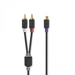 Stereo-Audiokabel | 2x RCA Male | RCA Female | Verguld | 0.20 m | Rond | Antraciet | Doos - cabw24020at02