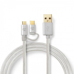 2-in-1-Kabel | USB 2.0 | USB-A Male | USB Micro-B Male / USB-C™ Male | 480 Mbps | 1.00 m | Verguld | Rond | Gevlochten | Aluminium | Cover Window Box - cctb60610al10