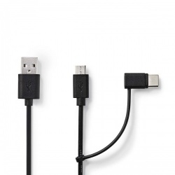 2-in-1-Kabel | USB 2.0 | USB-A Male | USB Micro-B Male / USB-C™ Male | 480 Mbps | 1.00 m | Vernikkeld | Rond | PVC | Zwart | Envelop - ccgp60610bk10