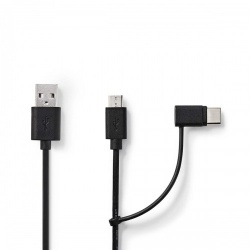 2-in-1-Kabel | USB 2.0 | USB-A Male | USB Micro-B Male / USB-C™ Male | 480 Mbps | 1.00 m | Vernikkeld | Rond | PVC | Zwart | Blister - ccgb60610bk10