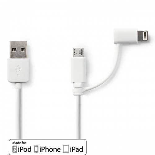 2-in-1-Kabel | USB 2.0 | USB-A Male | Apple Lightning 8-Pins / USB Micro-B Male | 480 Mbps | 1.00 m | Vernikkeld | Rond | PVC | Wit | Polybag - ccgp39400wt10